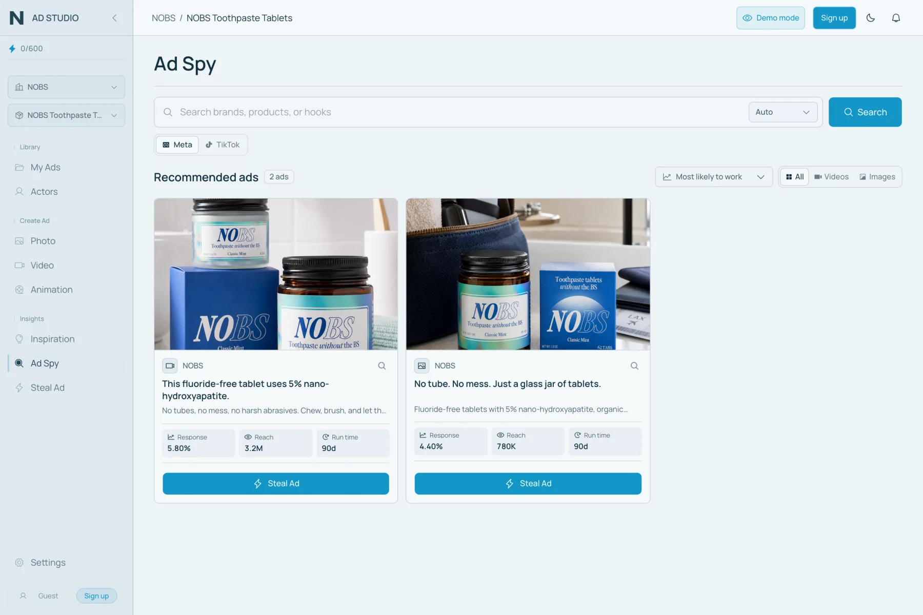 Nano Ad Studio Ad Spy showing competitor ads with public reach and run-time signals