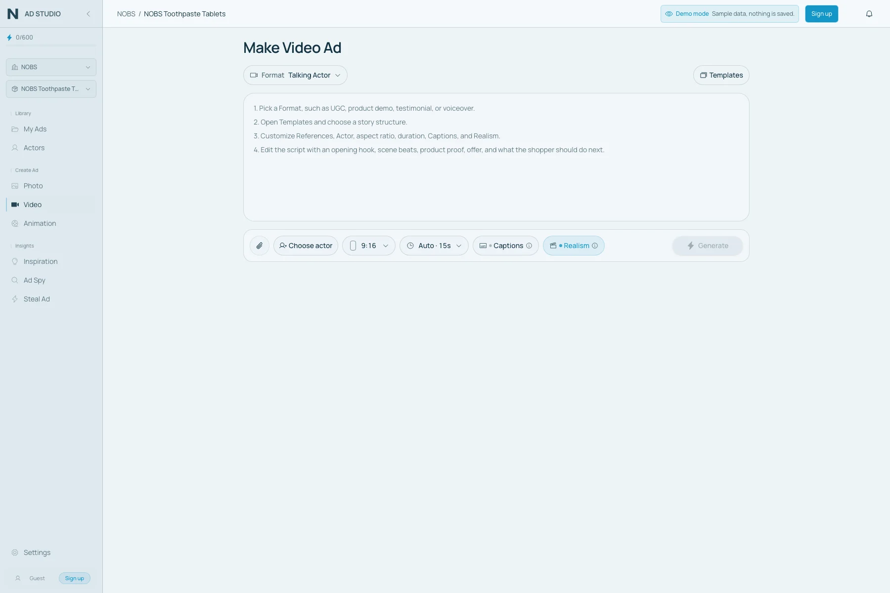Nano Ad Studio Video studio with sidebar links for Photo, Video, and Animation