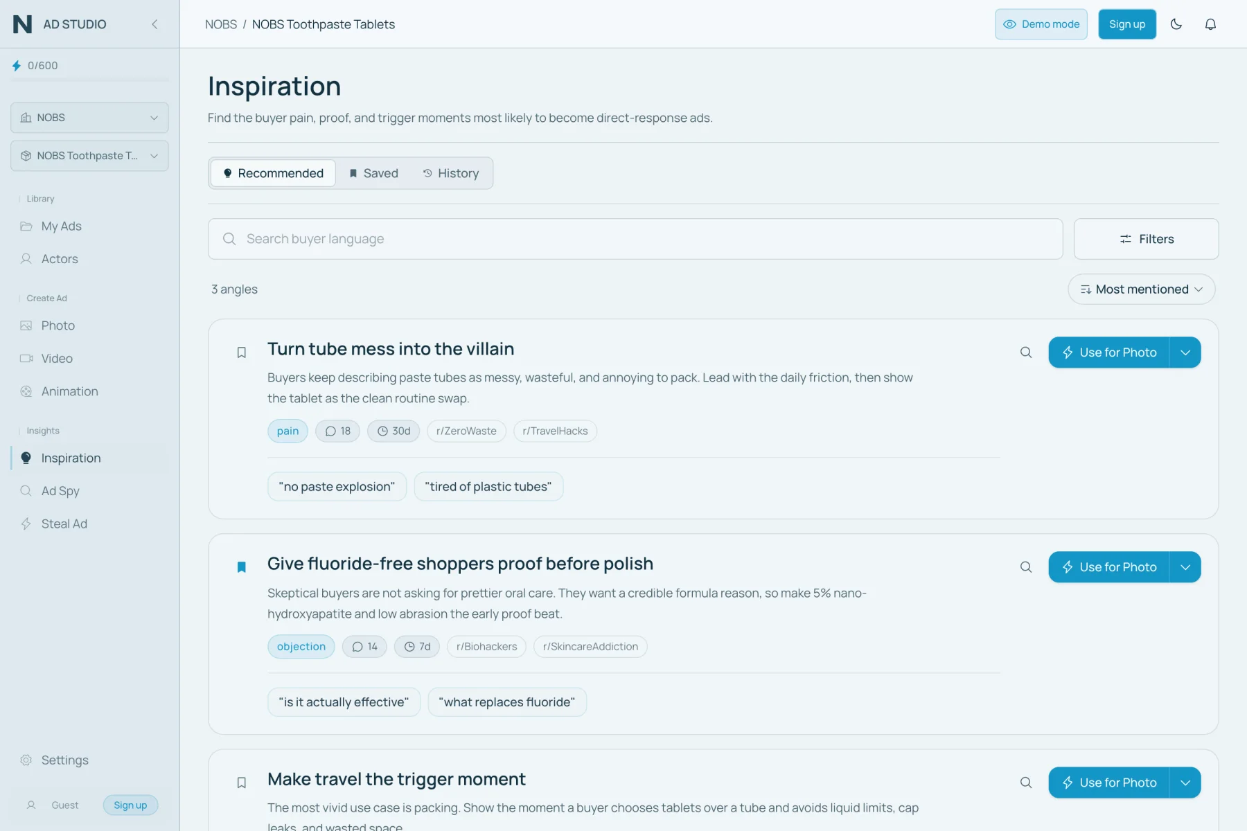 Nano Ad Studio Inspiration view ranking ad ideas drawn from real customer language