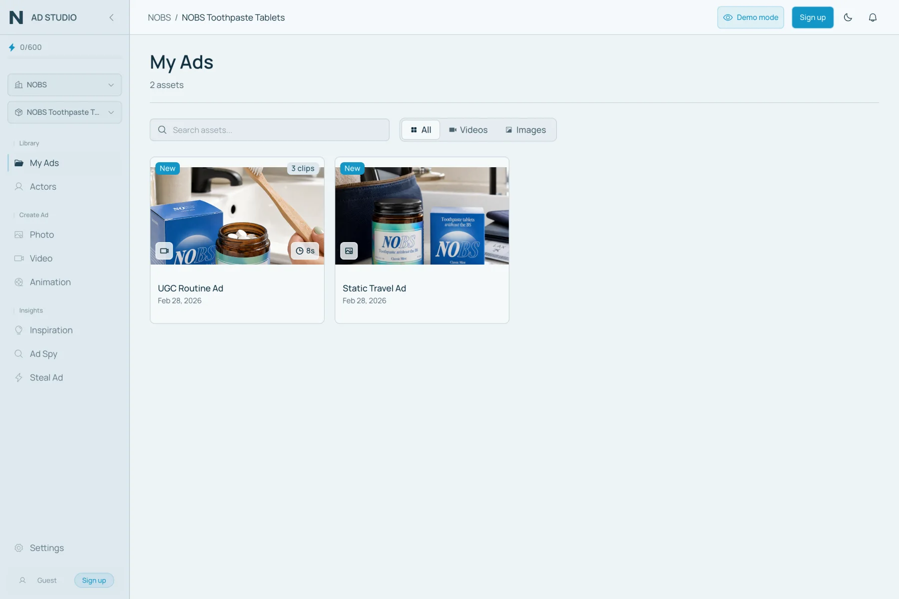 Nano Ad Studio My Ads library with generated photo and video ads ready for review