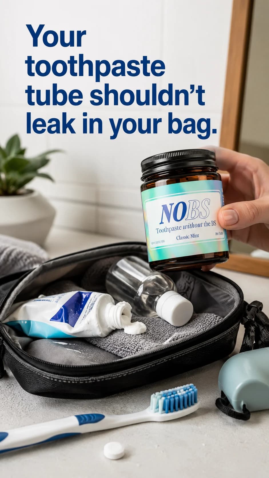 Generated NOBS ad showing toothpaste tablets packed for travel