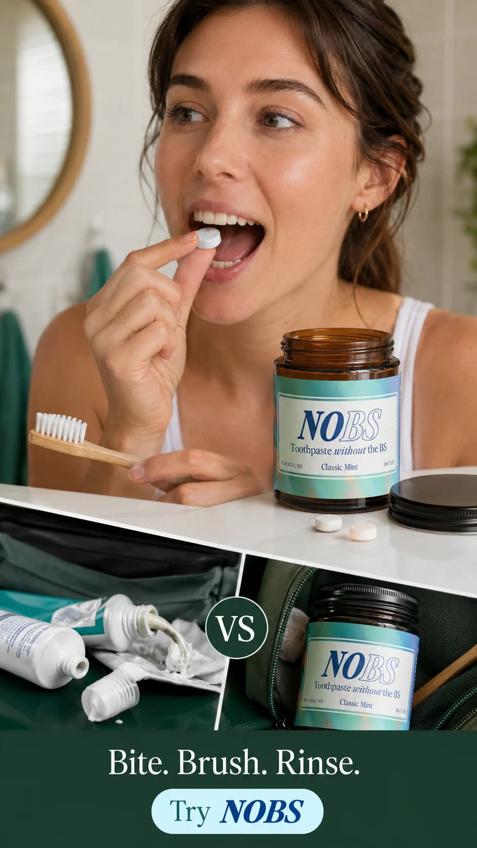 Generated NOBS toothpaste tablet ad showing the product in use