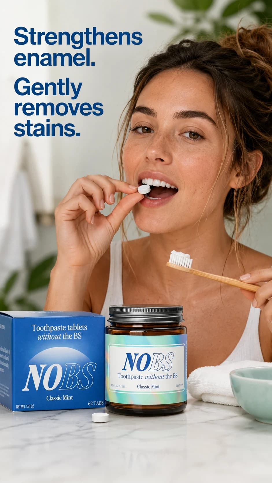 Generated NOBS toothpaste tablet ad featuring a smiling woman and a product benefit headline