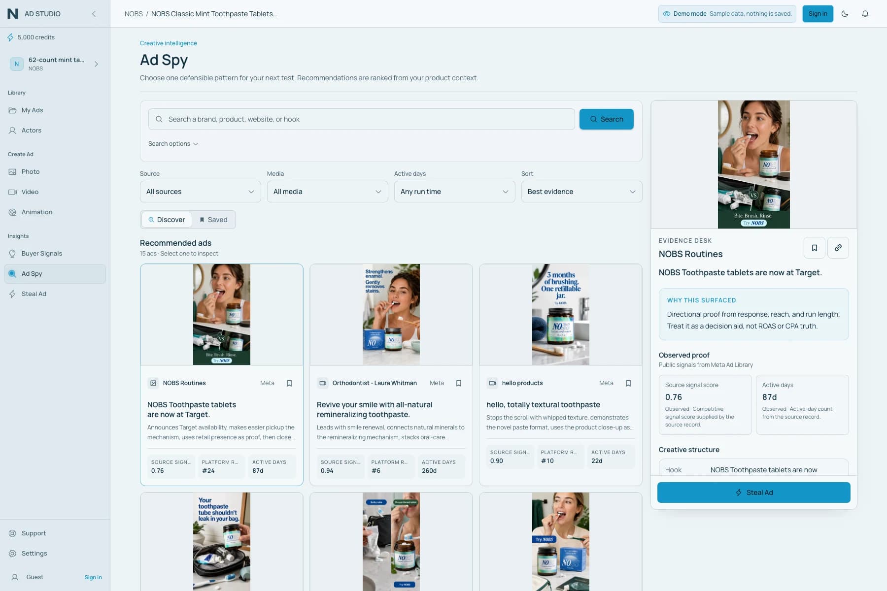 Sample Ad Spy workspace displaying competitor ad examples
